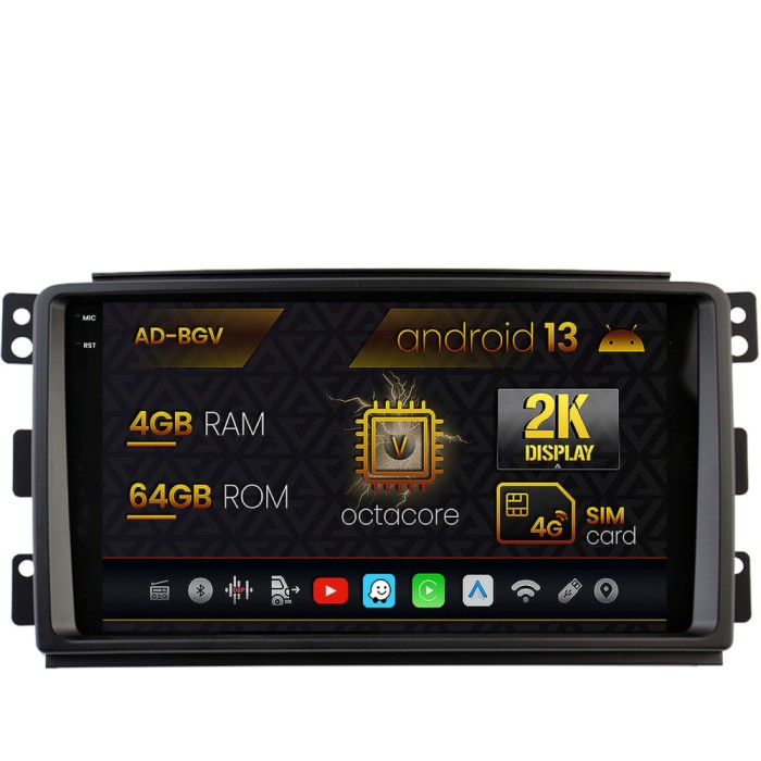 Navigatie Smart For Two (2007-2010), Android 13, V-Octacore 4GB RAM + 64GB ROM, 9.5 Inch - AD-BGV9004+AD-BGRKIT417