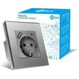 Cumpara ieftin Priza rama sticla securizata, porturi USB-A si USB-C, iUni UC1, 16A, Silver