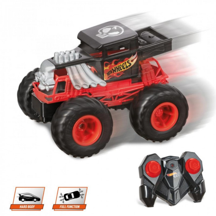 Masinuta Mondo Hot Wheels Monster Trucks, telecomanda, functii multiple, roti moi, varsta 3 ani+, plastic, Rosu