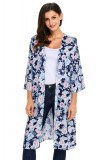 Q606-4 Tunica de plaja stil kimono, cu imprimeu floral si maneci trei sferturi