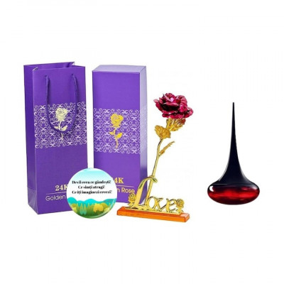 Set complet pentru Ea, parfum de femei Love Potion, insotit de insigna Dactylion cu mesaj motivational, cadou un trandafir rosu suflat la baza cu aur foto