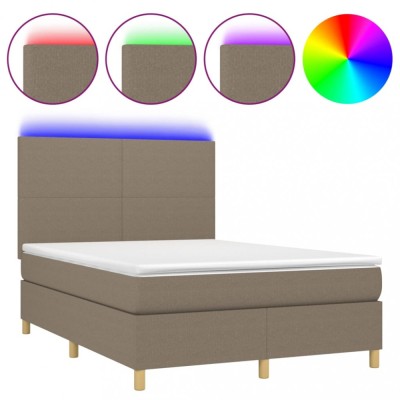 Pat cu arcuri, saltea si LED, gri taupe, 140x200 cm, textil foto