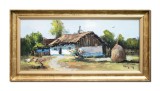 Cumpara ieftin Tablou casa taraneasca si capita de fan pictat manual inramat, 70x35cm ulei pe panza, Geo Ungureanu