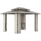 Cumpara ieftin Outsunny Pavilion gradina cu acoperis rigid din policarbonat 3.7x3 Pergola din cadru metalic cu acoperis dublu pentru gradina, veranda, Maro