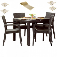 Mobilier exterior INGLESA masa patrata CLASSI RATAN 90x90x75cm 4 scaune PARIS RATTAN polipropilen/fibra sticla culoare cafea,4 perne scaun,Traversa PA foto