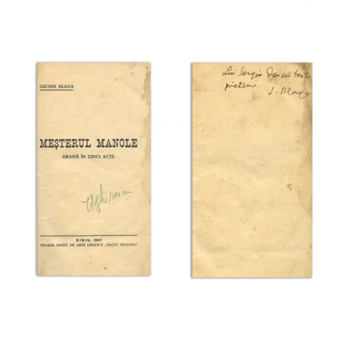 Lucian Blaga, Meșterul Manole, 1927, cu dedicație pentru Sergiu Dan