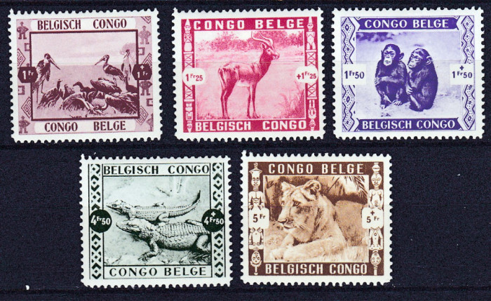 DB1 Fauna Africana 1939 Congo Belgian 5 v. MH nestampilate cu urme de sarniera