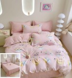 Cumpara ieftin Lenjerie Pat Bumbac 4 Piese Roz 200x230/240x250cm (Husa Pilota+Cearceaf+2 Fete Perna) Fara Elastic