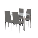Set Sufragerie Leziter Mateo 4+1, Masa Sticla 120x70cm, Scaune Piele Textila Gri-Negru