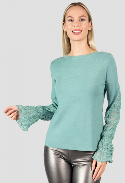 Bluza turcoaz eleganta din tricot cu maneci lungi stil clopot