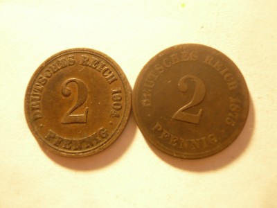 2 Monede 2 pfennig 1875 J si 1904 A Germania Imperiu , cal. buna si f.buna ,Cu foto