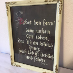 Tablou vechi religios icoana Psalm 147:1 lb germana pictura caligrafica 35x27 cm