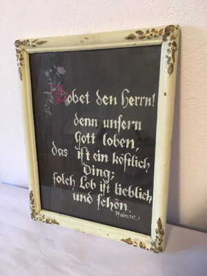 Tablou vechi religios icoana Psalm 147:1 lb germana pictura caligrafica 35x27 cm foto