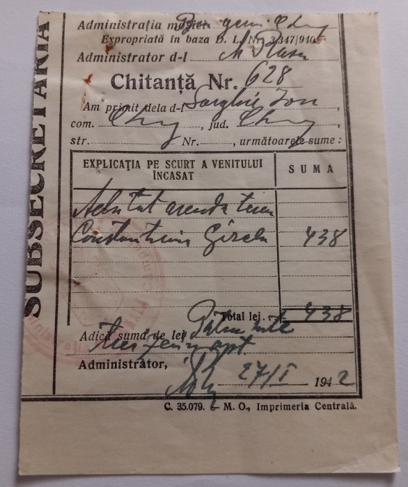 Chitanta , administratia mosie , 1942