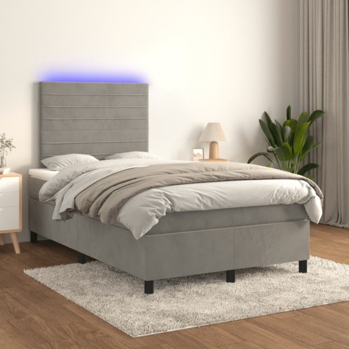 vidaXL Pat cu arcuri, saltea și LED, gri deschis, 120x200 cm, catifea 3136173