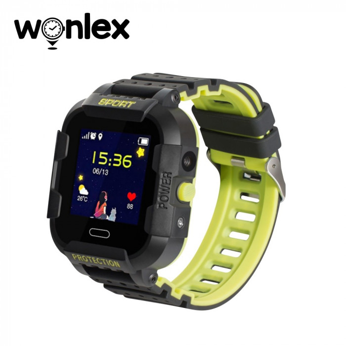 Ceas Smartwatch Pentru Copii Wonlex KT03, Model 2023 cu Functie Telefon, Localizare GPS, Camera, Pedometru, SOS, IP54 &ndash; Negru &ndash; Verde Lamaie, Cartela