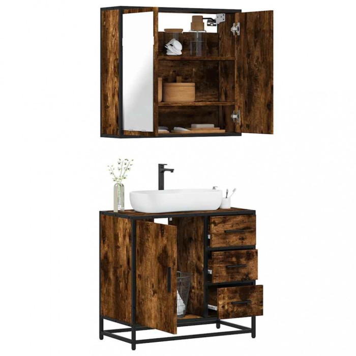 Gossi set mobilier de baie, 2 piese, stejar fumuriu, lemn prelucrat
