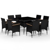 Set mobilier gradina, 9 piese, negru, poliratan si lemn acacia