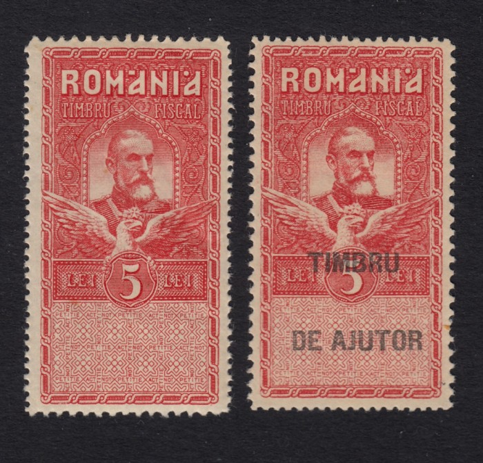 ROMANIA 1915 - 5 LEI TIMBRU DE AJUTOR CU SI FARA SUPRATIPAR MNH