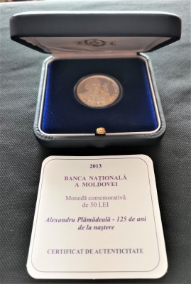 MOLDOVA - 50 Lei 2013 - Alexandru Plamadeala Argint Proof in cutie + certificat foto