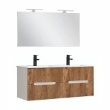 Set mobilier baie Leziter Trent 120 cm, 4 sertare, lavoar ceramic, oglinda, alb-stejar, suspendat
