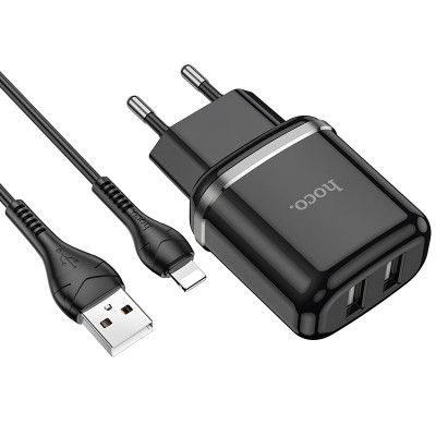 Incarcator Retea cu cablu Lightning HOCO N4, 2 X USB, 2.4A, Negru foto