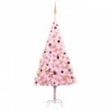 Set pom Crăciun artificial LED-uri&amp;globuri, roz, 240 cm, PVC