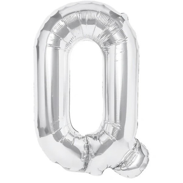Balon folie metalizata litera q, flippy, 40 cm, umflati cu heliu sau aer, ambalaj individual, pai inclus, argintiu
