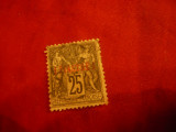 Serie Franta Levant 1886 - 1 piastru supratipar rosu pe 25C negru, Stampilat