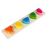 Cumpara ieftin Puzzle Montessori din lemn, multicolor, 29 x 6.5 cm, joc educativ cu 15 piese si 5 forme asimetrice, model copaci, pentru copii 2+ ani