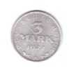 Moneda Germania 3 mark/marci 1922 A, 3 ani Weimar, stare buna, curata, Europa, Aluminiu