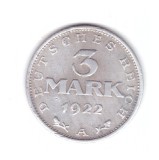 Moneda Germania 3 mark/marci 1922 A, 3 ani Weimar, stare buna, curata, Europa, Aluminiu