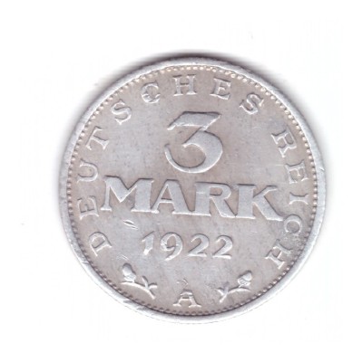 Moneda Germania 3 mark/marci 1922 A, 3 ani Weimar, stare buna, curata foto