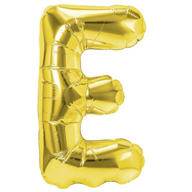 Balon folie metalizata litera e, flippy, 40 cm, umflati cu heliu sau aer, ambalaj individual, pai inclus, auriu