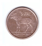 Moneda Norvegia 5 ore 1960, stare buna, curata, Europa, Bronz