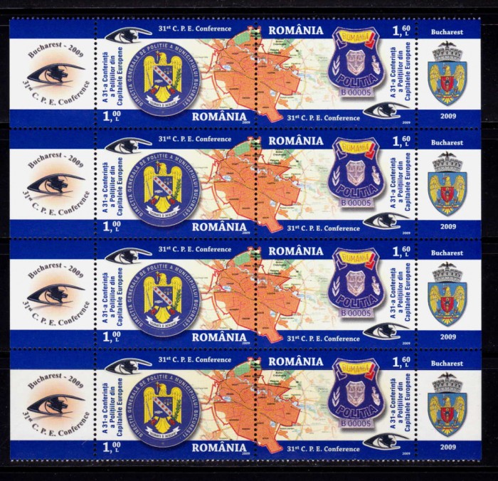 ✅RO 2009 ,LP 1834 ,&quot; A 31-a Conferinta a Politistilor Eu. &quot;,bloc de 4 serii ,MNH
