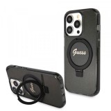 Husa MagSafe pentru Apple iPhone 15 Pro, Guess, IML Ring Stand Glitter, Neagra GUHMP15LHRSGSK