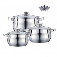 Set 3 Oale din inox cu capac din sticla Apollo Peterhof, fund 5 Straturi, 6 piese, 2.9 L, 3.9 L si 6.5 L foto