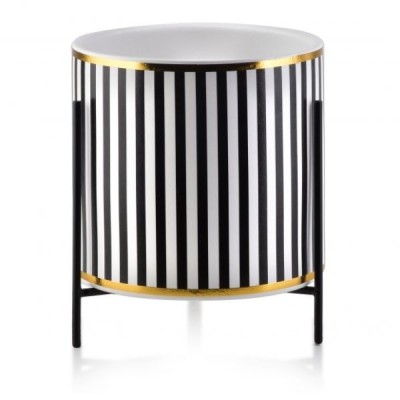 Ghiveci pentru flori Luxury cu suport metalic, 脴 12,5, Inaltime 12 cm, Alb cu Negru, Model cu Dungi Verticale foto