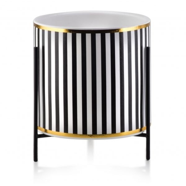 Ghiveci pentru flori Luxury cu suport metalic, 脴 12,5, Inaltime 12 cm, Alb cu Negru, Model cu Dungi Verticale