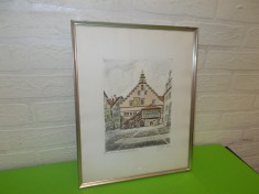 Primaria veche din Bismarckplatz din orasul LINDAU , Bavaria - superba LITOGRAFIE COLOR , inramata