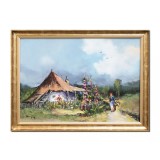Tablou peisaj cu casa taraneasca si tarancuta pictat manual inramat, La zi de sarbatoare, 80x60cm ulei pe panza, Geo Ungureanu