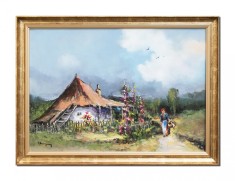 Tablou peisaj cu casa taraneasca si tarancuta pictat manual inramat, La zi de sarbatoare, 80x60cm ulei pe panza, Geo Ungureanu foto