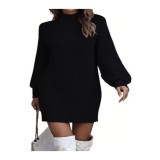 Rochie tricotată pentru femei cu guler &icirc;nalt și m&acirc;neci lungi bufante &ndash; Negru S