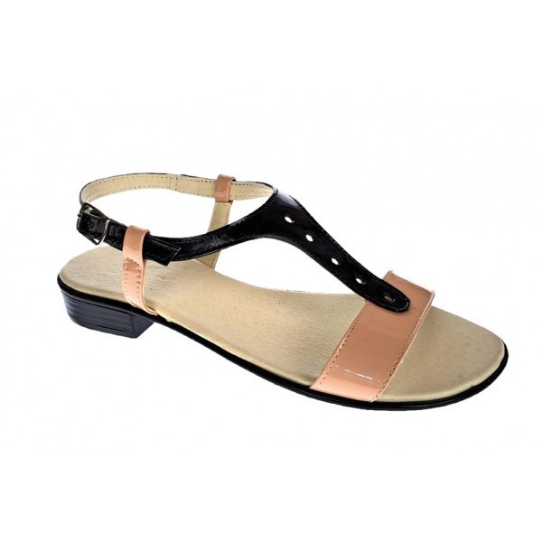 Sandale dama din piele naturala lacuita, nud - negru LS16NNUDL