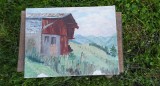 Peisaj de munte vechi p&acirc;nză lipită pe carton