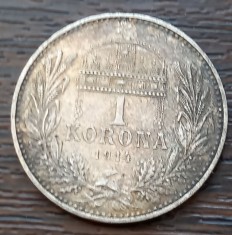(A1011) MONEDA DIN ARGINT UNGARIA - 1 KORONA 1914 COROANA, FRANZ JOSEPH, PATINA SUPERBA
