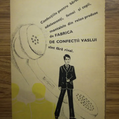 1971, Reclamă Fabrica de confecții VASLUI , 15 x 24 cm, epoca de aur, comunism