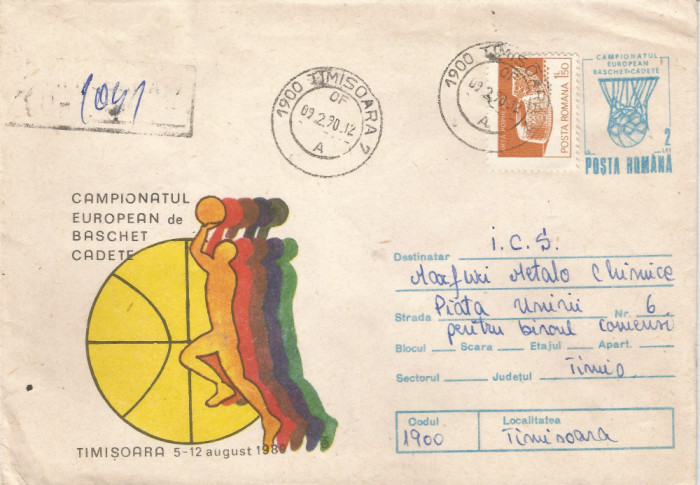 *Romania, Campionatul European de Baschet, cadete, plic circulat loco, 1990