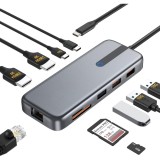 Cumpara ieftin Hub Adaptor Multiport 10 in 1 USB-C, 2 x USB-A 3.1, 2 x HDMI 4K, 30 Hz, 1 x USB-C, 1 x RJ45 Ethernet, Power Delivery Port 87 W, Cititor de Carduri SD/